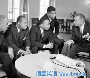 President Johnson talks with civil rights leaders, from left, Roy Wilkins, James Farmer, Dr. Martin Luther King Junior and Whitney Young at the White House in January 1964
