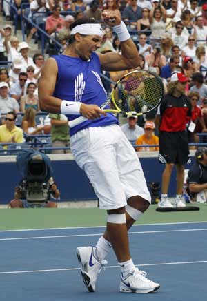 Rafael Nadal of Spain celebrates defeating Nicolas Kiefer of Germany during their Men's Singles Final at the Rogers Cup tennis tournament in Toronto July 27, 2008.